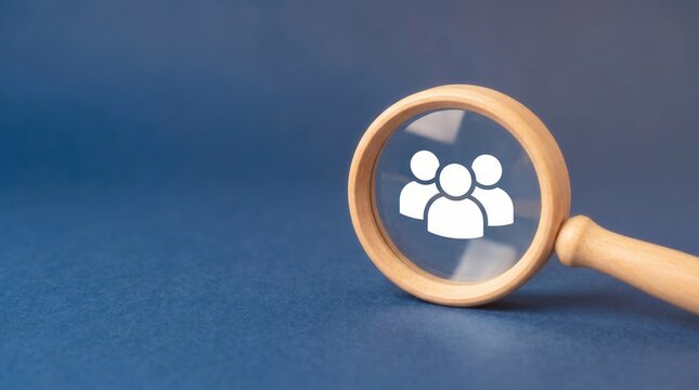 Recruitment and talent acquisition concept, magnifying glass focusing on people icon. Human resources, headhunting and audience research for business growth.