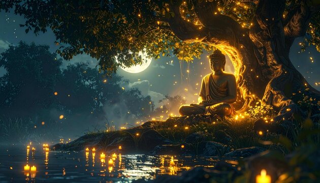Illuminated Buddha statue meditating in lotus position under the sacred Bodhi tree on a peaceful full moon night. This mystical spiritual landscape is decorated with fireflies ke