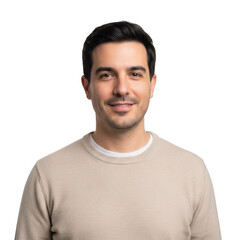 Fototapeta premium A man with short hair and a light-colored sweater standing against a white background
