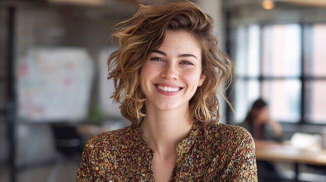 A smiling young Caucasian woman with curly hair, wearing a floral blouse, radiates confidence in a bright office setting.