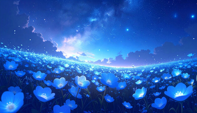 ネモフィラの花と星が一体化した幻想的な世界