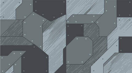 Abstract industrial geometric background with metallic textures, angular shapes, and modern tech-inspired vector pattern in gray tones. © AI illustration 