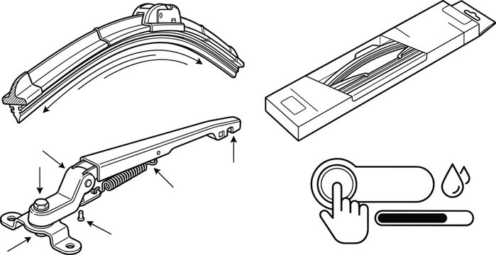 Automotive Wiper Blade and Mechanical Component Illustration Set with Control Switch, Spring Mechanism, and Vehicle Maintenance Equipment Designs