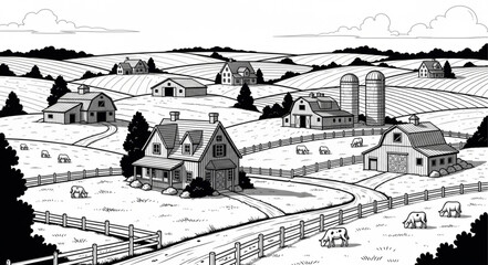 Rural farm landscape with barns and fields in black and white sketch. © Lio