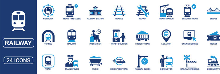 Railway Solid Icon Set Featuring Train, Station, Railroad, Locomotive, Tracks, Passenger, Ticket, Freight, High Speed Rail, Transport Network and Transit System Elements for Travel Vector Icons © Flaticonic