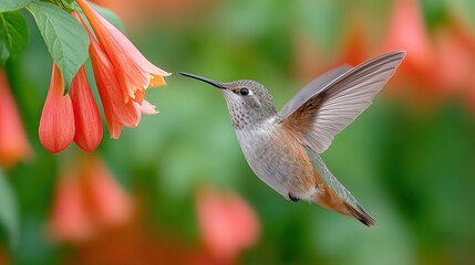 Fototapeta premium Hummingbird in Colorful Flower Garden