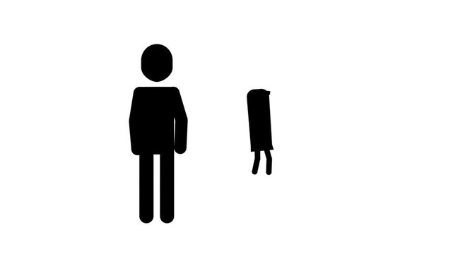 Black animated stick figure directing a delivery worker carrying a package.