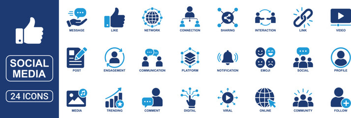 Fototapeta premium Social Media Solid Icon Set Featuring Like, Message, Profile, Sharing, Communication, Video, Network, Engagement, Community and Online Interaction Vector Icons Collection