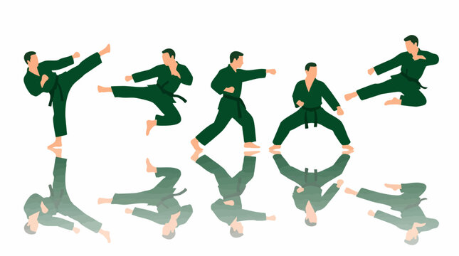 Martial Arts Figures in Green Uniforms with Various Dynamic Poses and Reflections
