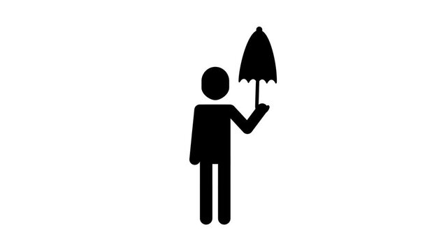 A black animated stick figure holding an umbrella opening and closing.