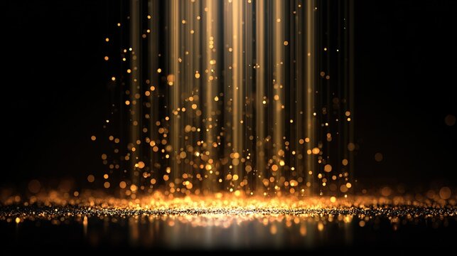 Digitally rendered abstract background with dramatic vertical light rays fanning from top center, shimmering golden specks suspended in air and layered at bottom on dark backdrop
