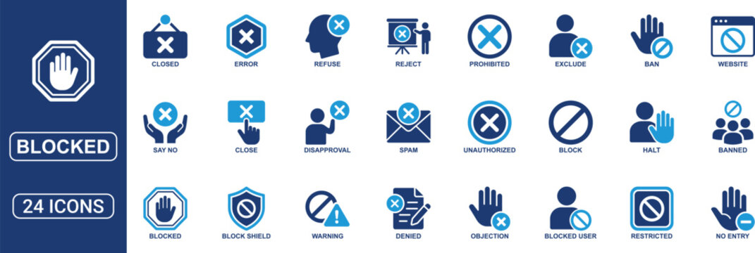 Blocked Solid Icon Set Featuring Forbidden Sign, Prohibited, Banned, Reject, Error, Unauthorized, Restricted, Warning, Spam and Security Restriction Vector Icons Collection