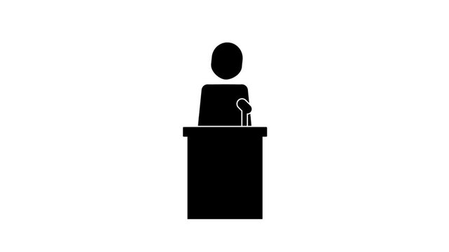 An animated stick figure speaking at a podium.