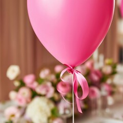 Naklejka premium Pink Balloon Decorates Table at Celebration Event in a Festive Setting With Floral Arrangements