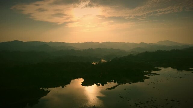 Sunrise Drone Shot Over Kaptai Lake and Hill Tracts, Rangamati