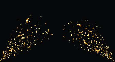 Obraz premium Golden confetti burst with metallic glitter particles and curling ribbons on black background, festive luxury celebration banner for party, award, wedding and New Year design. Vector set