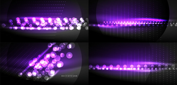 Dark backgrounds feature vibrant purple glowing spheres, lines. Digital matrix effect creates futuristic visual impact. Abstract design elements present.