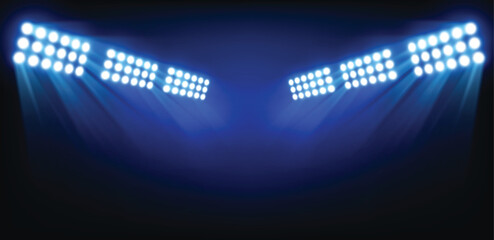 Fototapeta premium Stadium floodlights with bright white spotlights and blue beams on dark arena background, realistic sports lighting banner for night match, championship or event presentation. Vector illustration