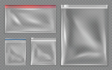 Transparent ziplock bags and resealable plastic pouches with zipper sliders, realistic empty storage packaging mockups for food, travel, cosmetics and household organization. Vector set © Frogella.stock