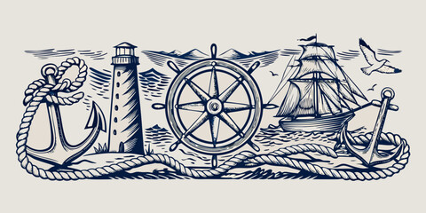 nautical illustration with lighthouse ship and ship s wheel © Rubel