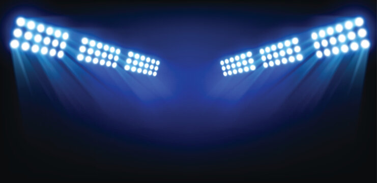 Stadium floodlights with bright white spotlights and blue beams on dark arena background, realistic sports lighting banner for night match, championship or event presentation. Vector illustration