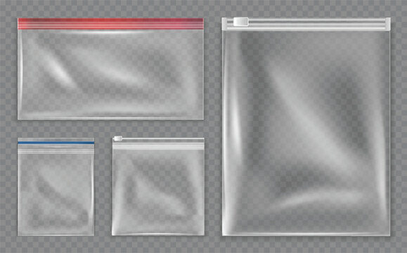 Transparent ziplock bags and resealable plastic pouches with zipper sliders, realistic empty storage packaging mockups for food, travel, cosmetics and household organization. Vector set