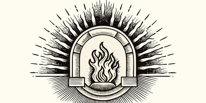 Vintage fireplace illustration engraved style with radiating lines