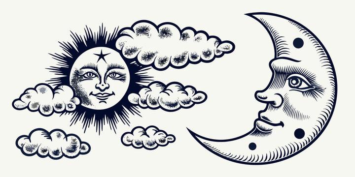 Anthropomorphic sun and moon illustration with clouds vintage engraving style