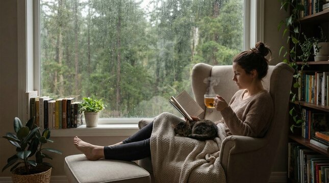 Woman reading a book with a cat on a rainy day. Cozy hygge lifestyle at home with hot tea