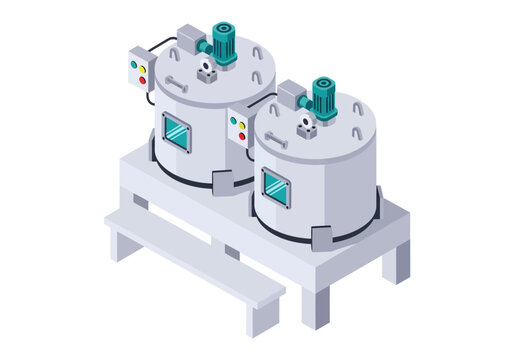 Two identical isometric stainless steel industrial mixing tanks are positioned on a raised white platform, featuring vibrant teal top-mounted motors, side viewing windows, and colorful control panels
