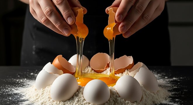 Closeup hands cracking eggs into flour with yolks streaming down