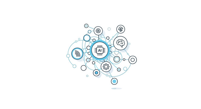 Abstract artificial intelligence network concept with central microprocessor and digital icons.