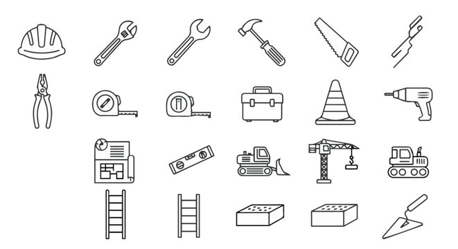 Vintage hand drawn vector set of musical instruments and construction tools icons for your design collection