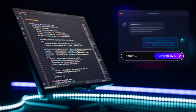 Concept of AI-assisted programming. Monitor with code and a floating generative AI chat interface with a prompt box.