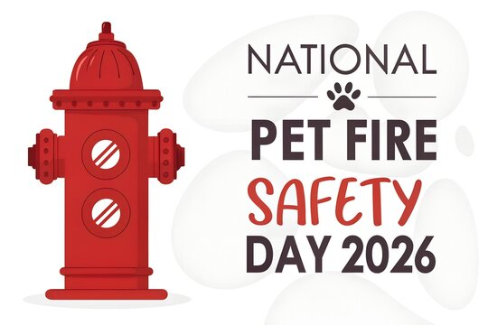 Bright red fire hydrant illustration depicted alongside promotional text for national pet fire safety day twenty twenty six designed as a helpful graphic resource for public awareness and community ed