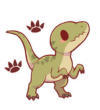 Authentic Hand Drawn Cute Compsognathus Dinosaur with Footprint Pattern &ndash; Kawaii Chibi Small Prehistoric Animal Background Illustration