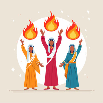 Three figures with flames above their heads