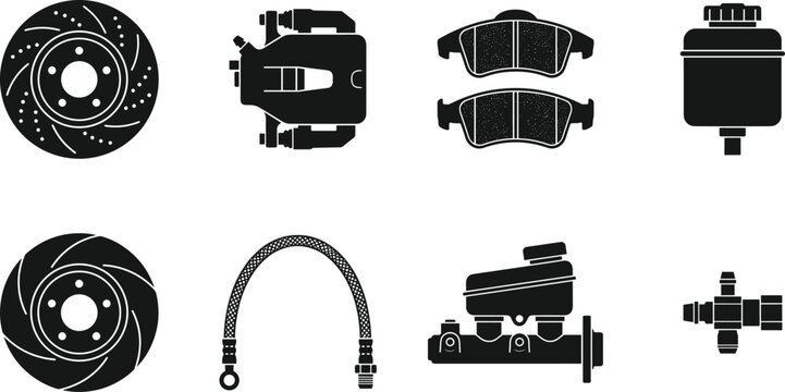 Brake System Icon Set Featuring Disc Brakes, Calipers, Brake Pads, Brake Fluid Reservoir, and Hoses for Automotive and Mechanical Applications