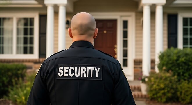Bald security guard in black uniform standing in front of residential house