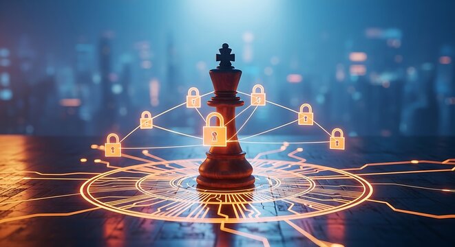 Black chess king on glowing circuit board with interconnected locks