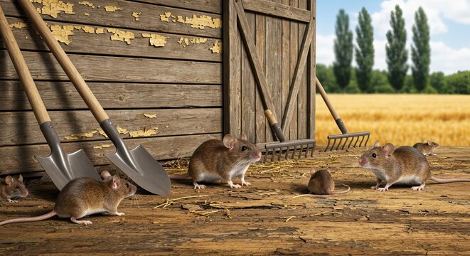 Rustic Barn Scene with Tiny Mice and Gardening Tools Set against a Golden Grain Field Background