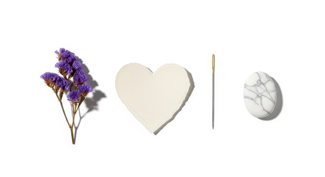 Minimalist Flat Lay with Purple Dried Flowers, Paper Heart, Sewing Nee