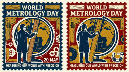Obraz premium World Metrology Day Stamp, Scientist Measuring Earth Globe with Ruler