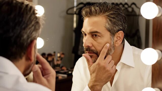 Man looking in vanity mirror with bright lights