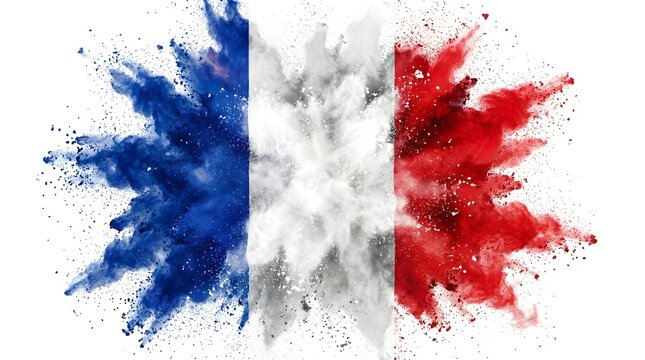 Vibrant french flag represented by exploding blue white and red powder particles captured in a high speed studio photograph creating a dynamic and patriotic visual effect
