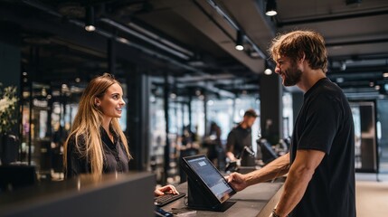 Obraz premium A female staff member, smiling and engaged, assists a male customer at a modern reception in a stylish retail space.