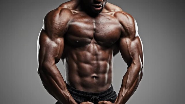 Muscular Black man flexing powerful torso and arms in studio