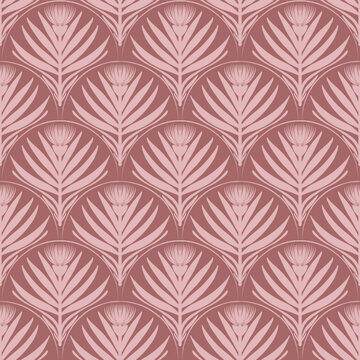 Art deco style seamless pattern with pimk geometric florals and scallops. Decorative design for wallpaper, fabric, and wrapping paper