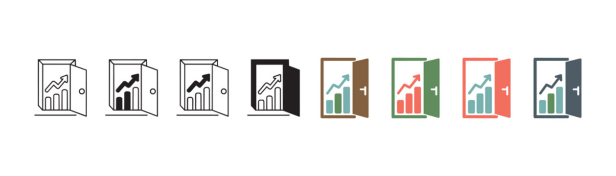 Collection of door icons featuring upward financial charts and graphs. Represents business progress, growth, new opportunities, and successful goal reaching.