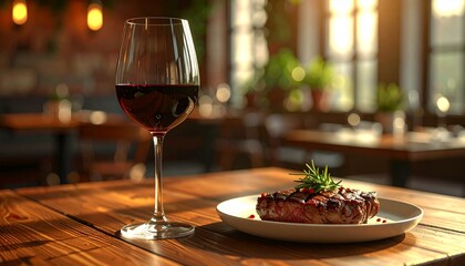 Naklejka premium A premium grilled steak paired with a glass of red wine on a textured wooden table. Warm natural lighting and shallow depth of field create an elegant fine dining atmosphere.